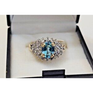 14k Gold Plated Blue Topaz & Cubic Zirconia CZ Ring Sz 7